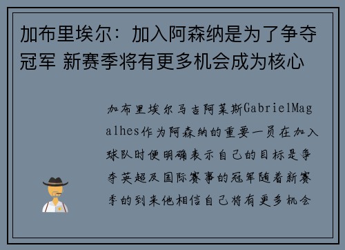 加布里埃尔：加入阿森纳是为了争夺冠军 新赛季将有更多机会成为核心