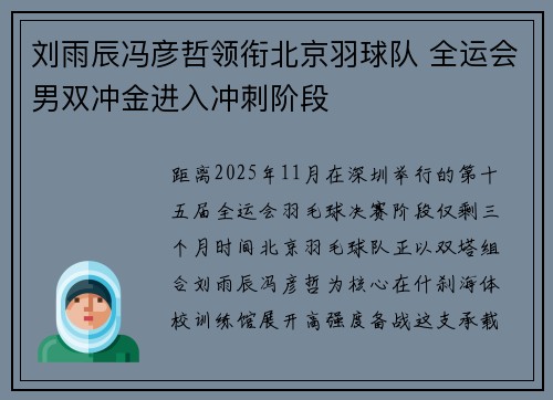 刘雨辰冯彦哲领衔北京羽球队 全运会男双冲金进入冲刺阶段
