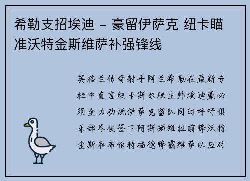 希勒支招埃迪 - 豪留伊萨克 纽卡瞄准沃特金斯维萨补强锋线