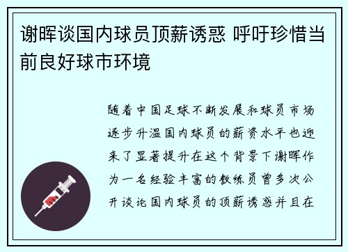 谢晖谈国内球员顶薪诱惑 呼吁珍惜当前良好球市环境
