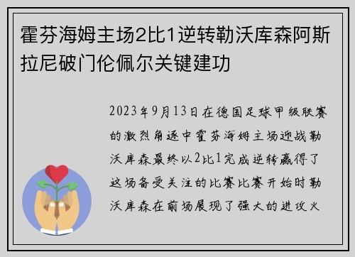 霍芬海姆主场2比1逆转勒沃库森阿斯拉尼破门伦佩尔关键建功